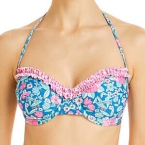 Shoshanna Ruffle Halter Bikini Top Blue Pink Floral Underwire Size C New